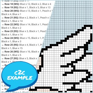 May include: A black and white pixel art design of a cat's head. The design is on a blue grid with instructions for creating the design listed on the left side of the image. The instructions include the colors black, blue, and peach. The text "c2c EXAMPLE" is in a speech bubble in the lower left corner of the image.
