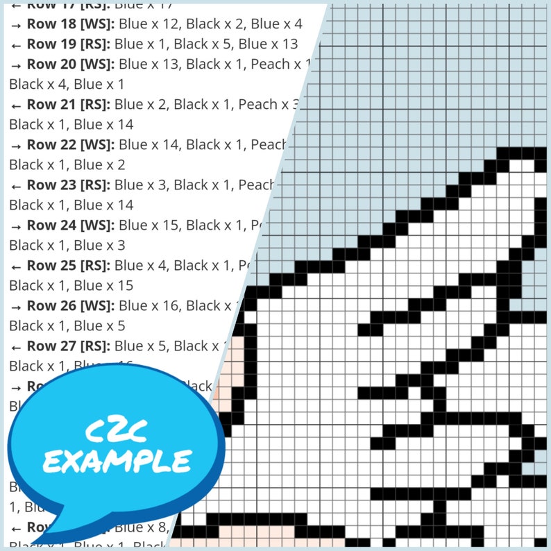 May include: A black and white pixel art design of a cat's head. The design is on a blue grid with instructions for creating the design listed on the left side of the image. The instructions include the colors black, blue, and peach. The text "c2c EXAMPLE" is in a speech bubble in the lower left corner of the image.