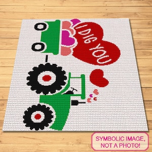 Puede incluir: Un tractor verde tirando un corazón rojo con las palabras "I Dig You" en él. El tractor está decorado con flores y corazones rosas y blancos.