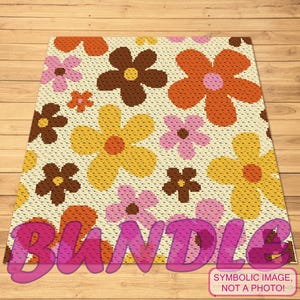 Könnte beinhalten: Ein Häkelmuster mit einem farbenfrohen Blumendesign mit gelben, orangefarbenen, braunen und rosa Blumen auf cremefarbenem Hintergrund. Das Muster ist mit "BUNDLE" beschriftet.