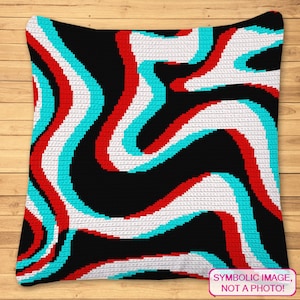 May include: A square pillow with a black background and a pixelated design of red, white, and turquoise wavy lines. The pillow is placed on a wooden surface. Text in the lower right corner reads: SYMBOLIC IMAGE, NOT A PHOTO!