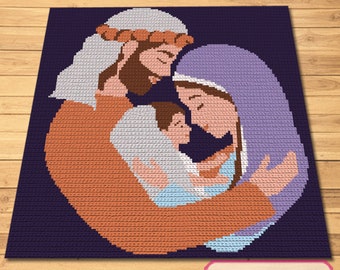 Crochet Nativity Pattern, Christmas Crochet Blanket, Crochet Pillow Pattern, Family Crochet Pattern, Crochet Jesus, Crochet Graphgan Pattern