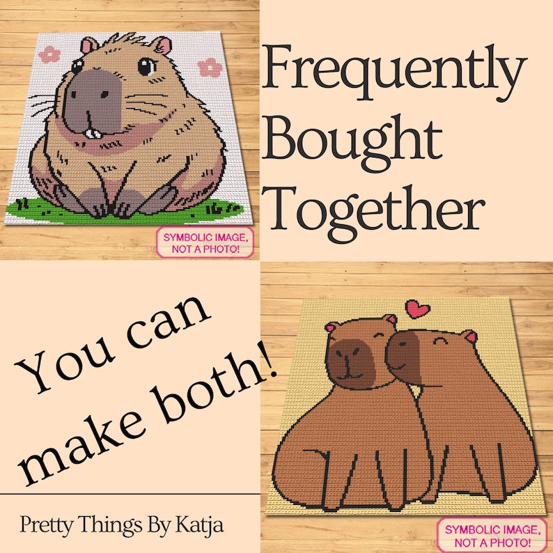 Puede incluir: Dos patrones de crochet para un capibara, uno de un solo capibara y el otro de dos capibaras abraz&aacute;ndose. El texto "You can make both!" est&aacute; escrito en la imagen. El texto "Frequently Bought Together" tambi&eacute;n est&aacute; escrito en la imagen.