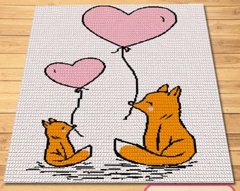 May include: Two orange foxes holding pink heart-shaped balloons. The larger fox is holding a larger balloon and the smaller fox is holding a smaller balloon. The foxes are on a white background with a subtle pattern.