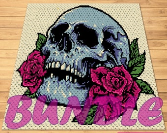 Crochet Skull Pattern, Crochet BUNDLE - C2C Halloween Crochet Blanket Pattern, and Crochet Pillow Pattern, both with Written Instructions