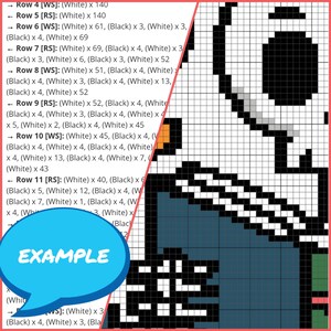 May include: A digital crochet pattern chart featuring a pixelated character design with a skull-like head and a blue jacket. The image includes written row-by-row instructions labeled Row 4 through Row 11, detailing stitch counts in white and black.