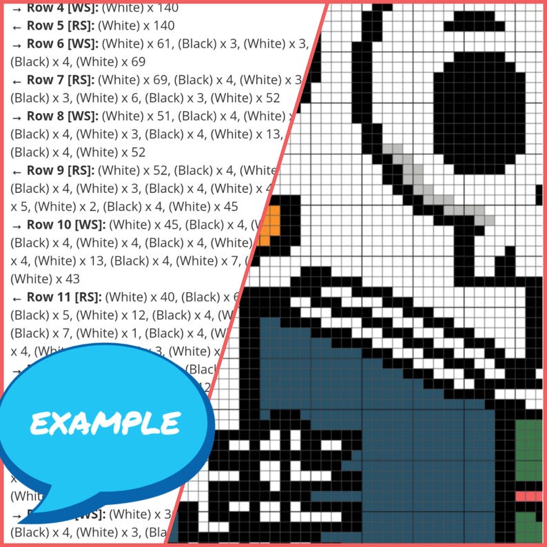 May include: A digital crochet pattern chart featuring a pixelated character design with a skull-like head and a blue jacket. The image includes written row-by-row instructions labeled Row 4 through Row 11, detailing stitch counts in white and black.