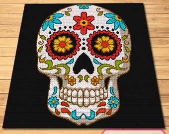 Crochet Sugar Skull, Crochet Skeleton, Halloween Crochet Blanket - Tapestry Crochet Blanket Pattern with Written Instructions