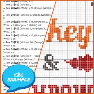May include: A cross-stitch pattern for a heart with the word "love" in orange and red. The pattern is written out with the number of stitches for each row.