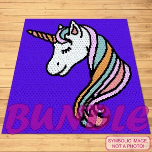 May include: A crochet pattern featuring a white unicorn with a rainbow mane and horn on a purple background. The pattern is labeled "Bundle".