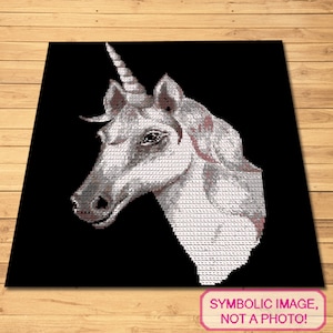 May include: A white unicorn head with a pink horn, against a black background. The unicorn is looking to the left, with its mouth slightly open. The image is pixelated, giving it a cross-stitch or embroidery look.