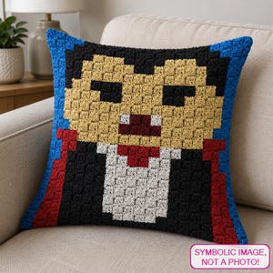 May include: A square crochet pillow featuring a pixelated vampire character design. The figure has tan skin, black hair, a white shirt, a red tie, and a black cape with red trim against a blue background. Text in the corner reads: SYMBOLIC IMAGE, NOT A PHOTO!