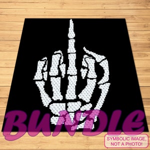 May include: A black and white image of a skeleton hand giving the middle finger. The image is a symbolic representation and not a photograph.
