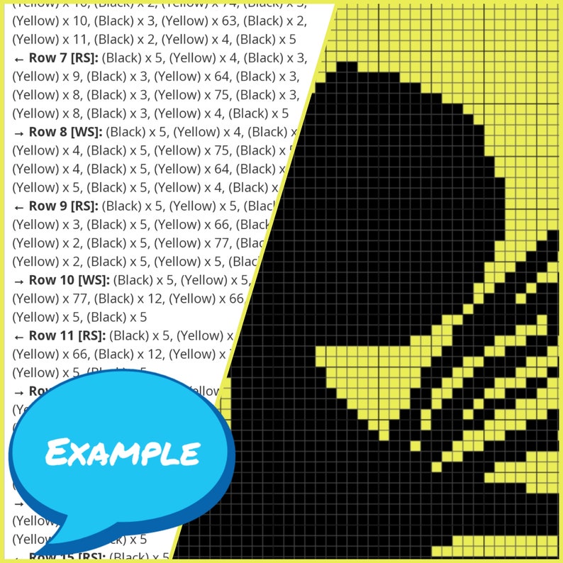 May include: A knitting or crochet pattern chart featuring a grid of yellow and black squares. The left side displays written instructions for rows 7 through 11, while the right side shows a pixelated black graphic on a yellow background.