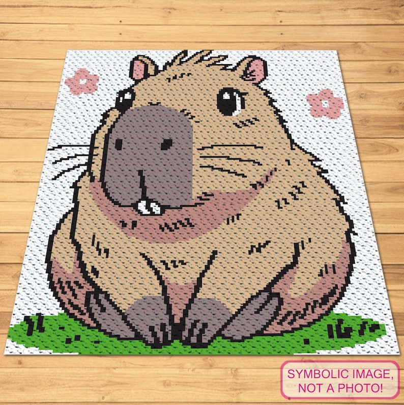 Puede incluir: Una ilustraci&oacute;n de dibujos animados de un capibara marr&oacute;n y blanco sentado en un parche de hierba verde. El capibara tiene una nariz rosada y ojos grandes y negros.