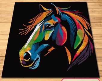 Motif cheval au crochet, Couverture au crochet SC, Motif Graphgan au crochet, Motif animal au crochet, Motifs afghans au crochet, Art au crochet
