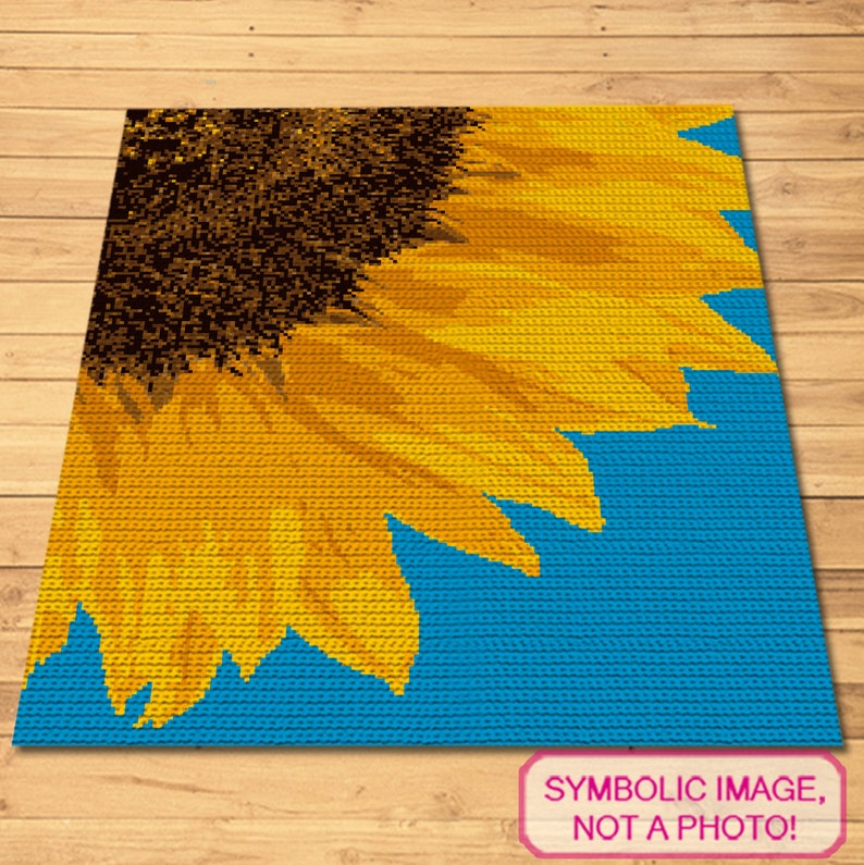 May include: A digital cross-stitch pattern of a sunflower with yellow petals and a dark brown center against a blue background. The image is labeled "Symbolic Image, Not a Photo!"