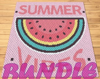 Crochet Watermelon Pattern BUNDLE, C2C Crochet Blanket Pattern, Crochet Pillow Pattern, Crochet Fruit, Beach Throw Crochet Pattern, Graphgan