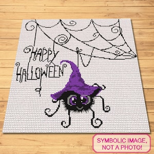 May include: A black spider wearing a purple witch hat with big eyes and a web in the background. The text "Happy Halloween" is written above the spider.