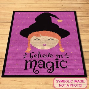 May include: A purple crochet square with a cartoon witch wearing a black hat and a yellow star. The text "Believe in magic" is written in black below the witch.