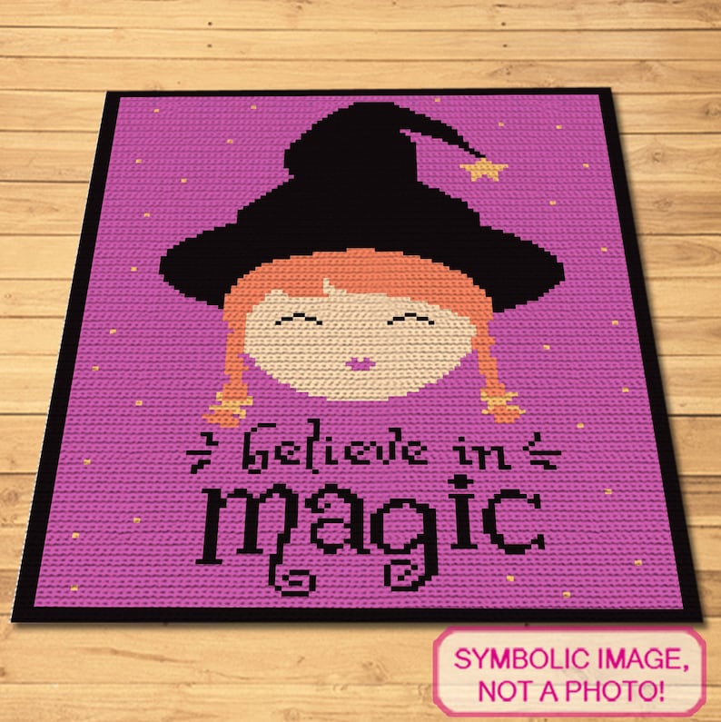 May include: A purple crochet square with a cartoon witch wearing a black hat and a yellow star. The text "Believe in magic" is written in black below the witch.
