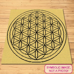 May include: A black and white geometric pattern of a flower of life design on a yellow background.