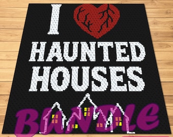 Crochet Haunted House Pattern BUNDLE, C2C Crochet Afghan Pattern, Crochet Pillow Pattern, Halloween Graphghan Pattern, Scary Crochet Pattern