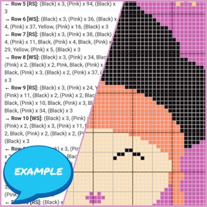 May include: A cross-stitch pattern chart with instructions for a colorful design. The chart includes a key with the colors black, pink, yellow, and white. The pattern is for a design with a pink, orange, and yellow color scheme.