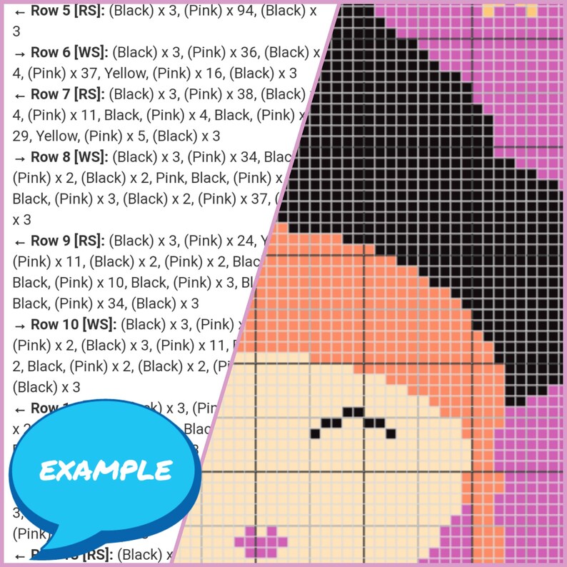 May include: A cross-stitch pattern chart with instructions for a colorful design. The chart includes a key with the colors black, pink, yellow, and white. The pattern is for a design with a pink, orange, and yellow color scheme.