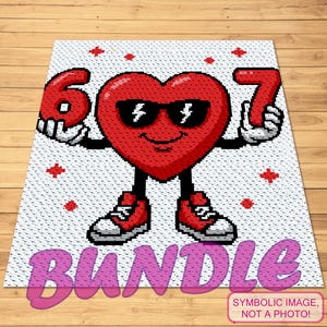 May include: A white and red pixelated heart-shaped design with sunglasses, holding the numbers 6 and 7. The word "BUNDLE" is in pink, and the image includes red cross shapes. The image is on a white background.