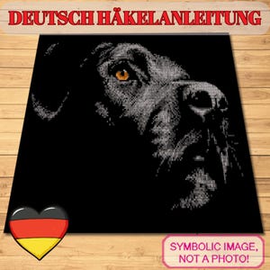 May include: Black and white pixelated image of a dog's face with amber eyes. The image is on a black background. Text at the top reads "DEUTSCH HÄKELANLEITUNG". A heart with the German flag is in the lower left corner. Text at the bottom reads "SYMBOLIC IMAGE, NOT A PHOTO!"