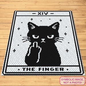 May include: A rectangular rug featuring a black and white pixelated design of a cat holding up its middle finger. The design resembles a tarot card with the Roman numeral XIV at the top and the text THE FINGER at the bottom, surrounded by stars.