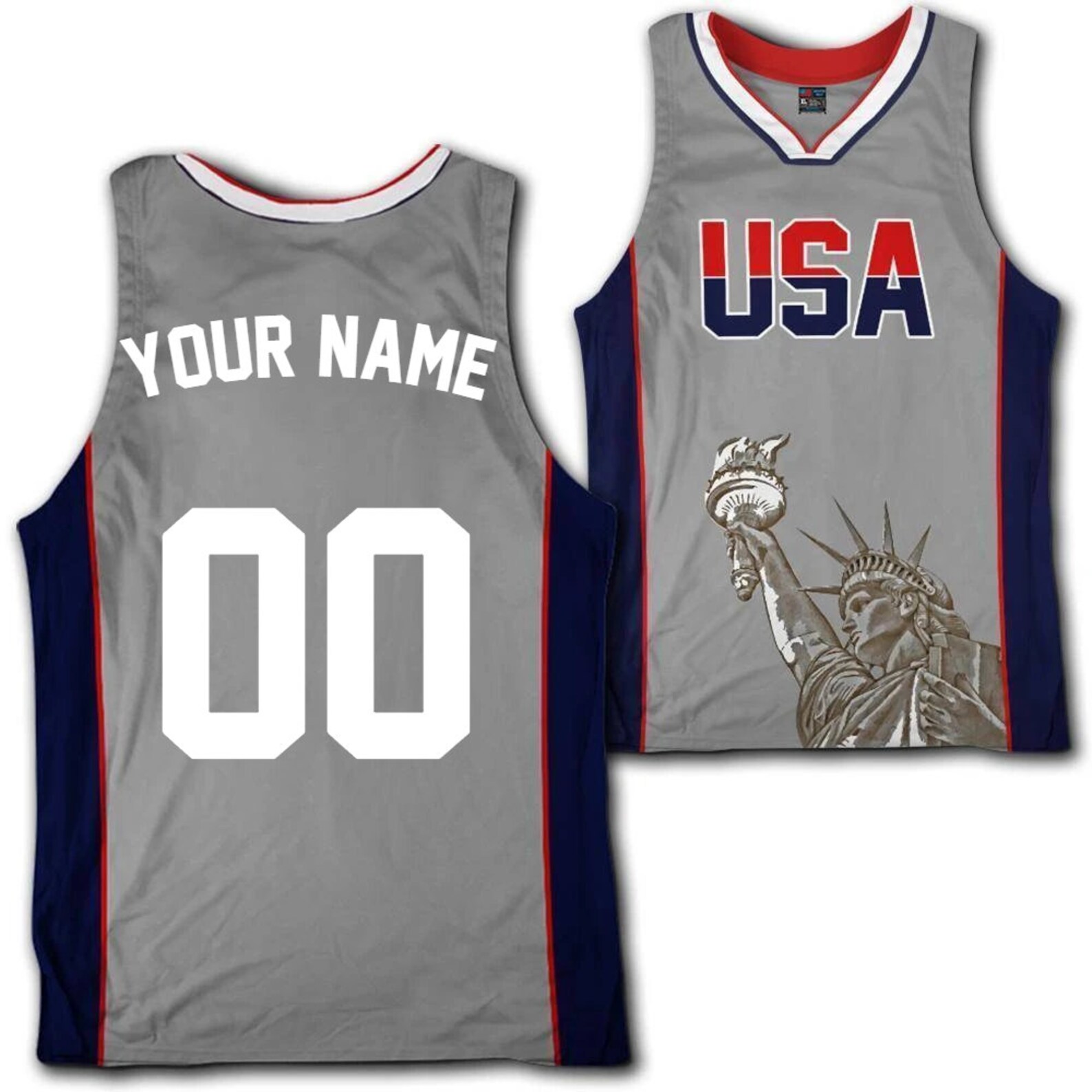 Custom Grey USA Basketball Jersey Grey With Red/navy