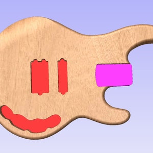 Puede incluir: Un cuerpo de guitarra de madera con recortes de pastillas rojas y rosas. El cuerpo está sin terminar y tiene una veta de madera natural.