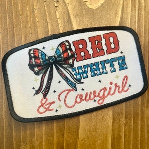 Red White & Cowgirl Iron on Patch, Trucker Hat Patch, Iron on Hat Patch, Hat Patch, Iron on Patch, Patriotic Iron On Patch, Cowgirl Patch