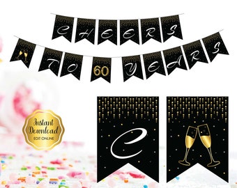 60th Party Pennant Banner, 60th Birthday Pennant Banner| Bundle Offer Available | Personalize Online with Corjl | DIGITAL PRINTABLE FILES