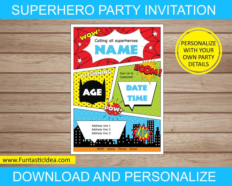 Puede incluir: Una invitaci&oacute;n a una fiesta de superh&eacute;roes con un tema de c&oacute;mic. La invitaci&oacute;n es roja, amarilla, azul y verde con una silueta negra de un superh&eacute;roe. El texto de la invitaci&oacute;n dice "WOW! Calling all superheroes NAME is turning AGE Join Us to Celebrate! BOOM! DATE TIME".