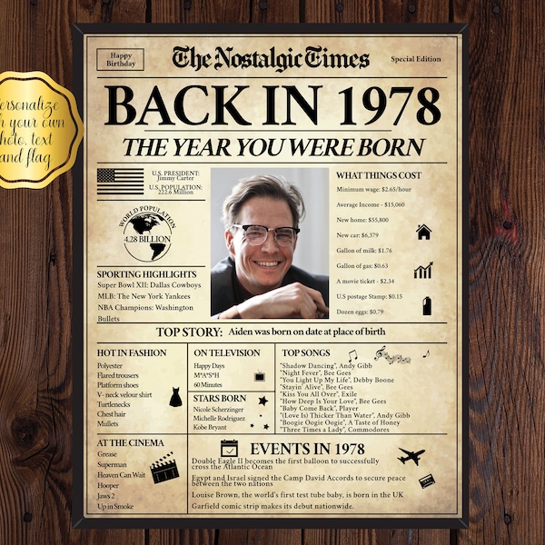 Back in 1978, What Happened in 1978, 1978 Back In The Day, Unique Birthday Gift, Nostalgic Gift, Editable Gift, Newspaper Gift | Edit Online