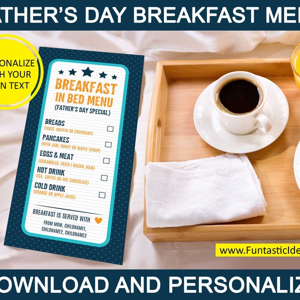 Fathers Day Breakfast in Bed Menu, Fathers Day Breakfast, Fathers Day Treat, Fathers Day Ideas, Breakfast for Dad | Editable PDF