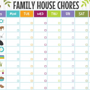 Puede incluir: Un cuadro de tareas dom&eacute;sticas imprimible con un dise&ntilde;o colorido. El cuadro enumera las tareas dom&eacute;sticas para cada d&iacute;a de la semana, incluyendo poner la mesa, limpiar, lavar los platos, doblar la ropa, quitar las malas hierbas, regar las plantas, alimentar a las mascotas y clasificar la basura para reciclar.