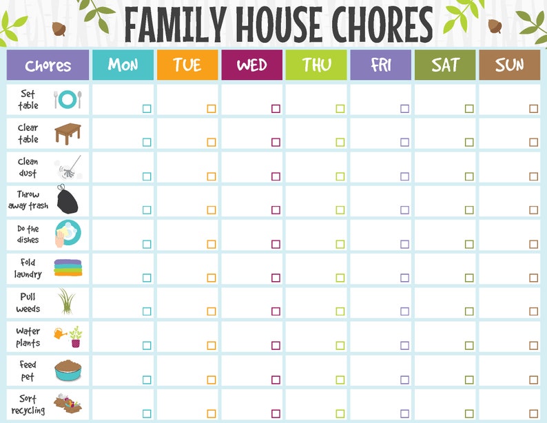 Puede incluir: Un cuadro de tareas dom&eacute;sticas imprimible con un dise&ntilde;o colorido. El cuadro enumera las tareas dom&eacute;sticas para cada d&iacute;a de la semana, incluyendo poner la mesa, limpiar, lavar los platos, doblar la ropa, quitar las malas hierbas, regar las plantas, alimentar a las mascotas y clasificar la basura para reciclar.