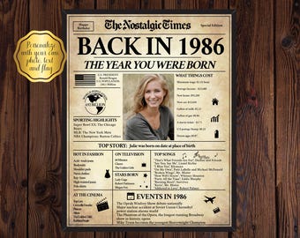 Cadeau de 40e anniversaire pour homme ou femme, affiche de journal pour 40e anniversaire, décorations de fête pour 40e anniversaire, retour en 1986 | Entièrement modifiable