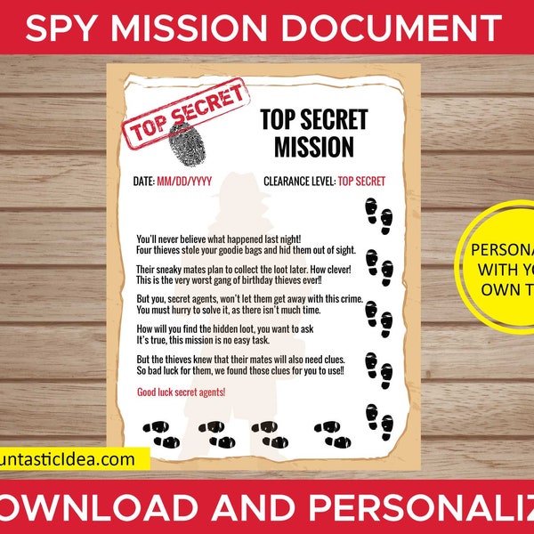 Spy / Secret Agent Mission Document - Spy Party Games, Spy Party Activity | Editable Text - Instant Download PDF Printable