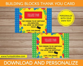 Building Blocks Thank You Cards, Building Blocks Thank You Notes, Building Blocks Birthday Party | Instant Download PDF Printable