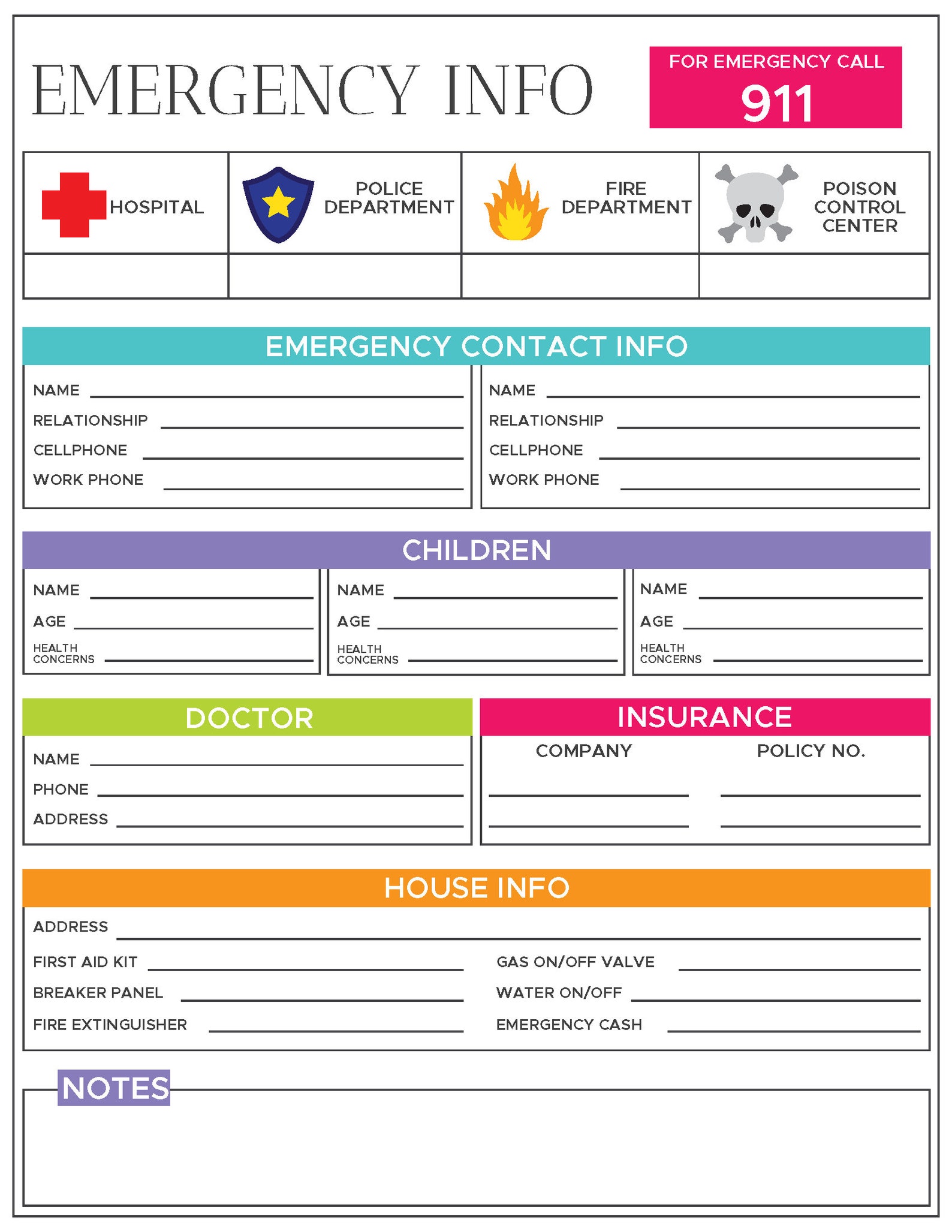 Emergency Information Sheet Emergency Contact Information Etsy