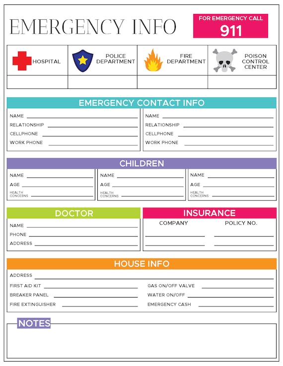emergency information sheet emergency contact information etsy