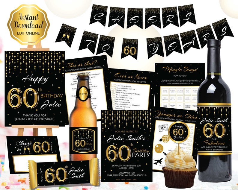 60th Birthday Wine Labels, 60th Party Wine Bottle Labels , Personalized Wine Bottle Labels, 60th Birthday Wine Gifts for Women & Men, Corjl image 4