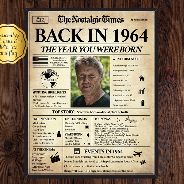 Back in 1964, What Happened in 1964, 1964 Back In The Day, Unique Birthday Gift, Nostalgic Gift, Editable Gift, Newspaper Gift | Edit Online