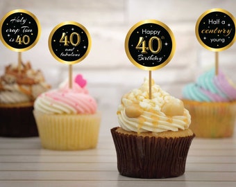 40th Birthday Cupcake Toppers, Cheers to 40 Years, Black and Gold 40th Birthday Cupcake Toppers, 40th Party Decorations | Edit Online, Corjl