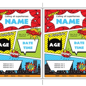 Puede incluir: Una invitaci&oacute;n de cumplea&ntilde;os de estilo c&oacute;mic con un esquema de color rojo, amarillo, azul y verde. La invitaci&oacute;n dice "WOW! Llamada a todos los superh&eacute;roes NAME est&aacute; cumpliendo AGE a&ntilde;os. &iexcl;&Uacute;nete a nosotros para celebrar! BOOM! DATE TIME".